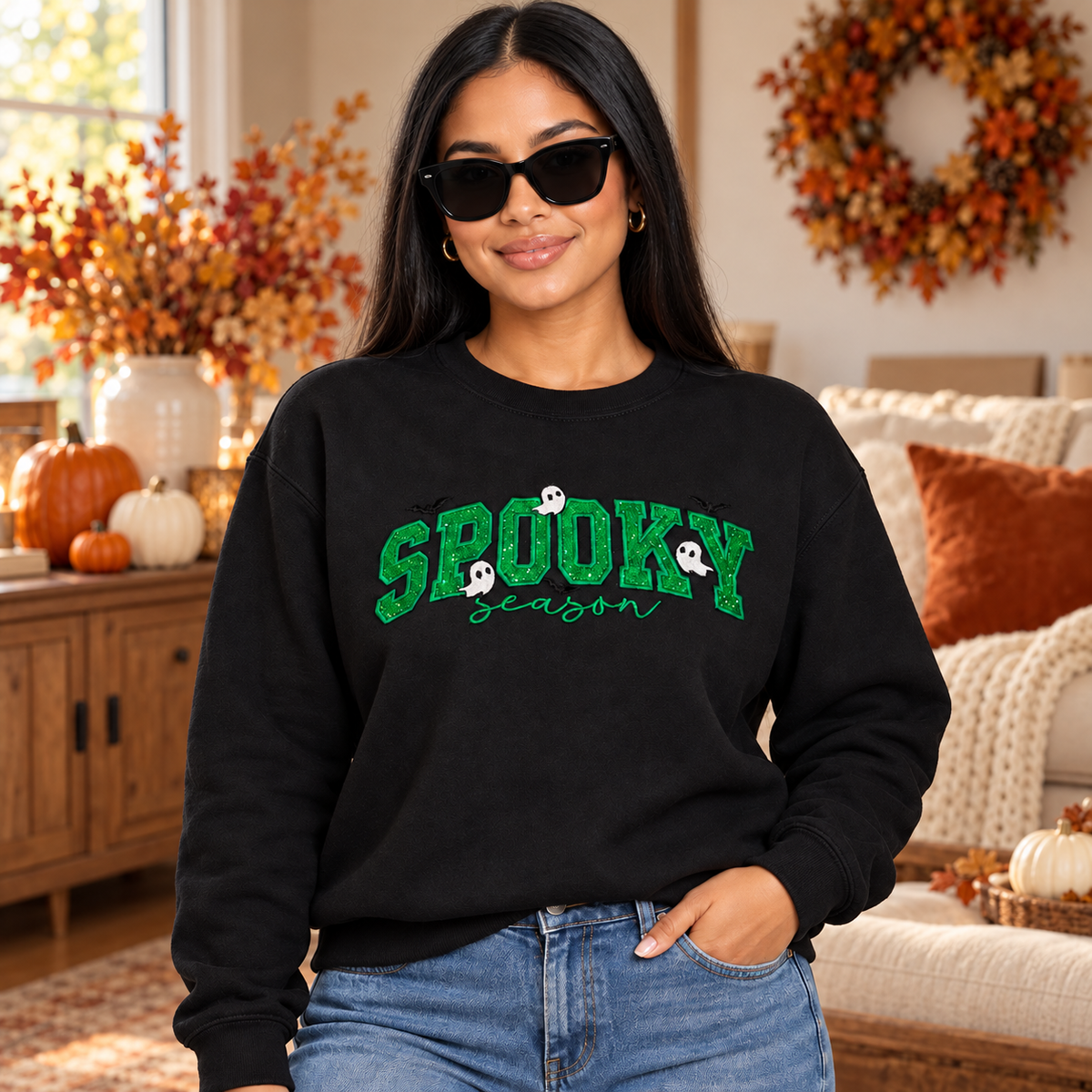 Spooky Season Green Glitter Appliqué Crewneck